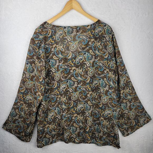 22W 24WBohemian Sequin V Neck Sheer Top Brown Paisley Print Flowy Long Sleeve - Picture 5 of 10
